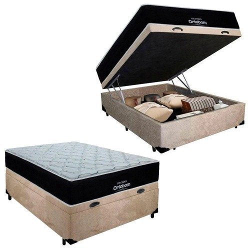 Cama Box Baú Casal Suede + Colchão Casal Molas Ensacadas Airtech Springpocket Ortobom 69x138x188 Suede Bege