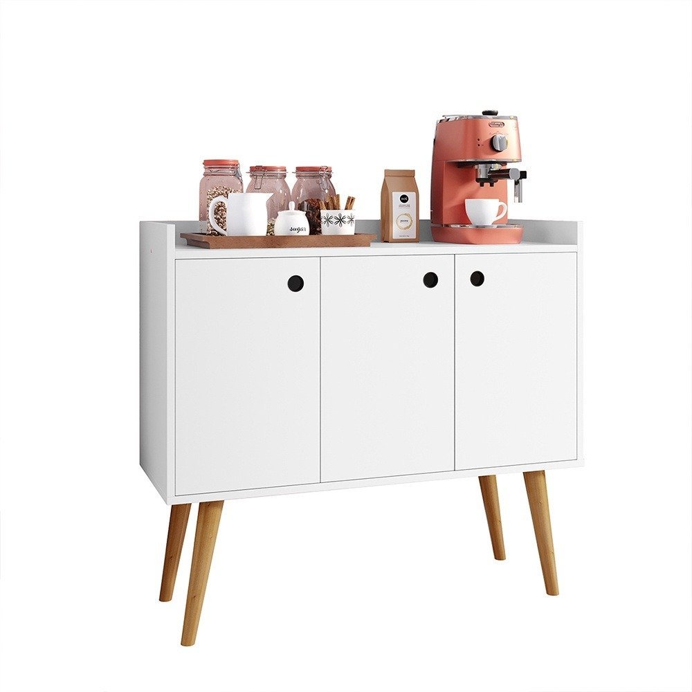 Aparador Buffet Wood Prime 3 Portas Cantinho Café Prateleira Organizadora Pés Palito Decoração Retrô &#8211; Branco &#8211; Rpm