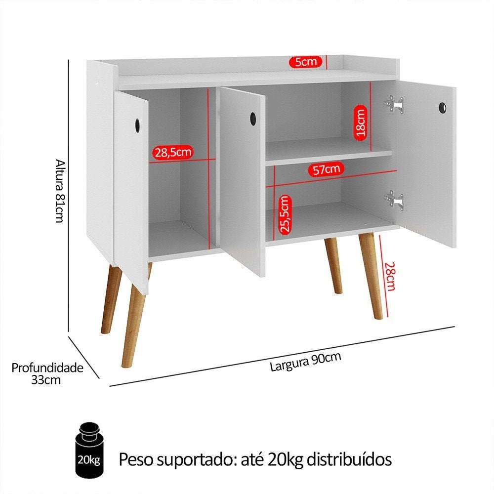 Aparador Buffet Wood Prime 3 Portas Cantinho Café Prateleira Organizadora Pés Palito Decoração Retrô &#8211; Branco &#8211; Rpm